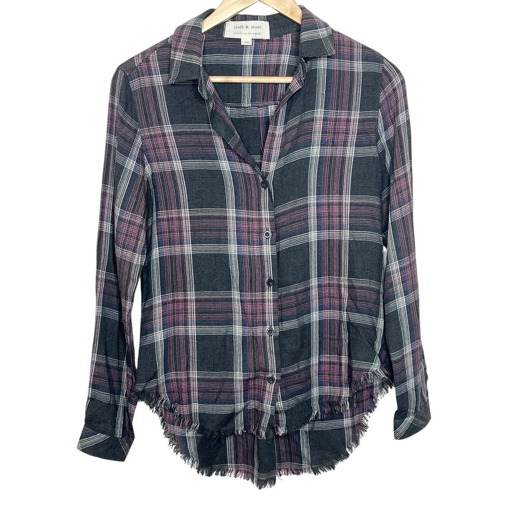 Cloth & Stone Plaid Button Up Shirt Gray Pink Womens Size XS Casual Soft Boho